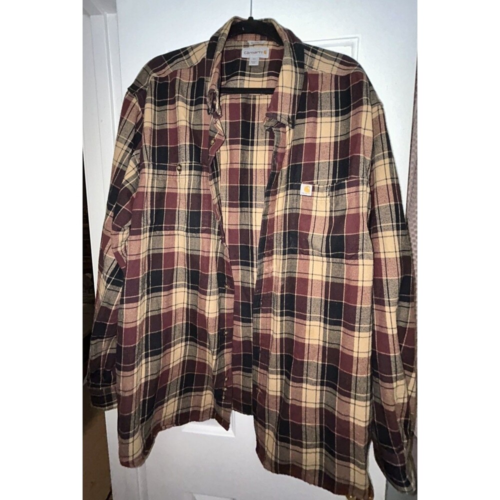 CARHARTT Mens XXL Shirt Relaxed Fit Red/Black/Yellow Plaid Flannel Logo Pocket